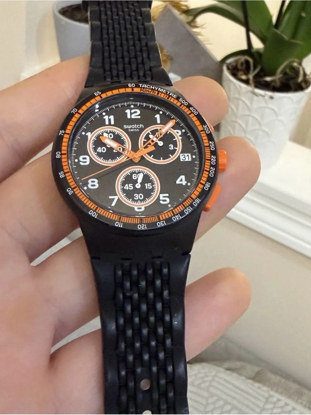 Swatch Nerolino Chronograph Men Watch SUSB408 Black Orange 4 Jewels Swiss Made